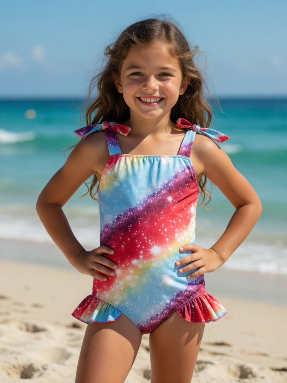 Girl's Rainbow Galaxy One-Piece Swimsuit with Tie Straps